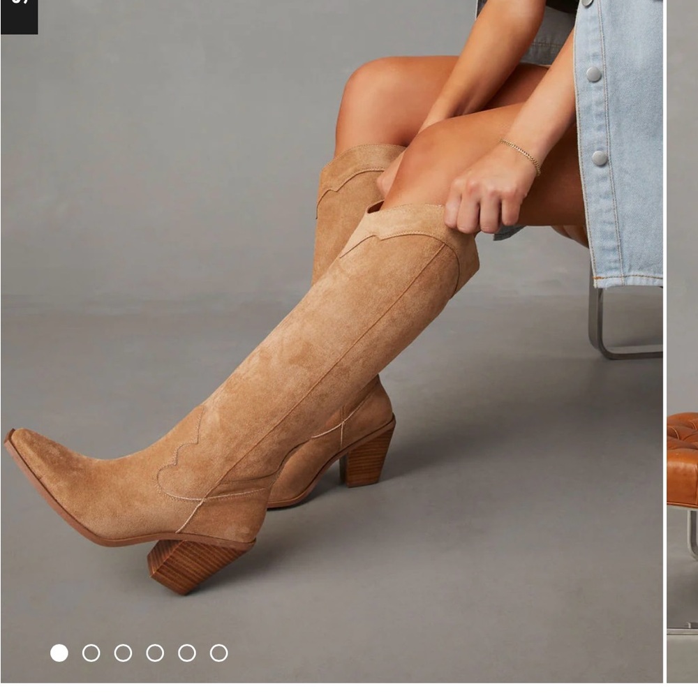 Vici Carlisle Suede Heeled Boots-Apricot -6.5 Women's Tan Knee-High Boots